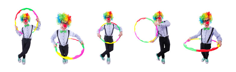 Funny clown with hula hoop on white