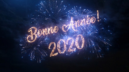 2020 Happy New Year greeting text in French with particles and sparks on black night sky with colored fireworks on background, beautiful typography magic design.