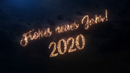 Fototapeta na wymiar 2020 Happy New Year greeting text in German with particles and sparks on black night sky with colored fireworks on background, beautiful typography magic design.