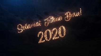 Fototapeta na wymiar 2020 Happy New Year greeting text in Indonesian with particles and sparks on black night sky with colored fireworks on background, beautiful typography magic design.