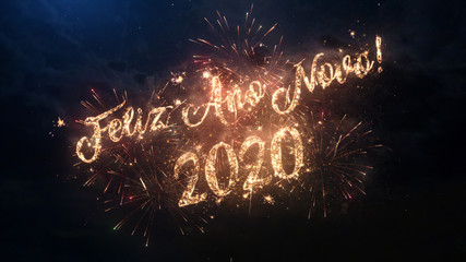 2020 Happy New Year greeting text in Portugal with particles and sparks on black night sky with colored fireworks on background, beautiful typography magic design.