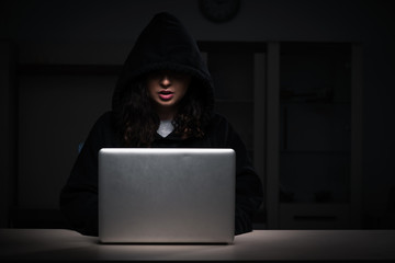 Female hacker hacking security firewall late in office