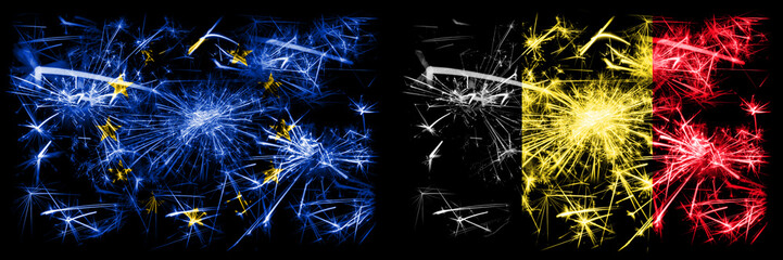 Eu, European union vs Belgium, Belgian new year celebration sparkling fireworks flags concept background. Combination of two states flags.