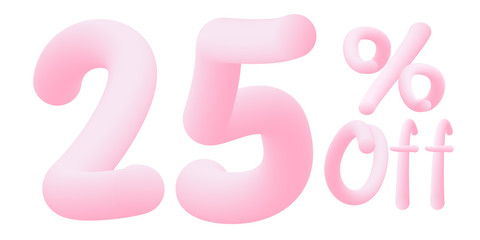 25% off Numbers made of chewing gum for design selling poster / banner promotion . Bubble Gum text. Isolated on white background. Vector 3d font . Discount tag , advertising , special offer