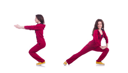 Young woman doing exercises on white