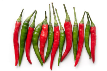 Red and green chili peppers row. Isolated hot spicy pepper.