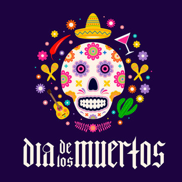 Dia de los Muertos fraktur font gothic lettering with sugar skull and flowers. Mexican holiday Day of the Dead typography poster. Vector template for banner, poster, greeting card, invitation, etc.