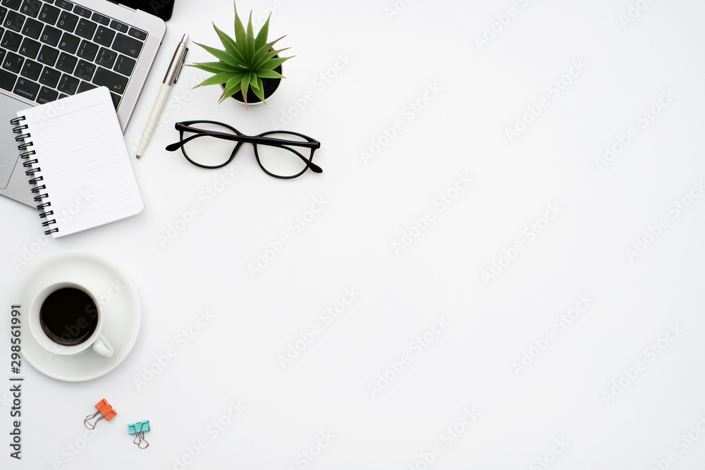 Wall mural work space office business and finance concept on white table desk background with laptop computer a