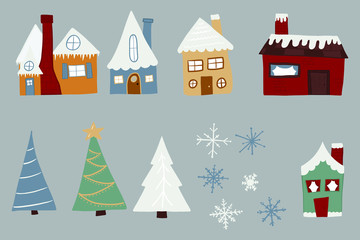 Christmas Village Houses and Trees Vector Elements