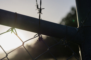 Barbed wire on a fence at twilight