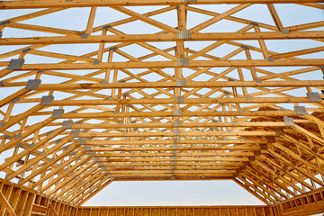 Construction Carpentry Raised Center Bay Roof Truss - obrazy, fototapety, plakaty