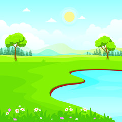 Nature Landscape Vector with lake, or sea view Illustration design, cute, lovely, adorable and scenery landscape design