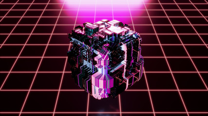 Abstract 80s retro style cube city world with glowing neon lights in cyberpunk vaporwave style and pink and blue colorsbackground
