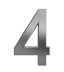 Metal numbers four isolated with clipping path on white background, 3d rendering