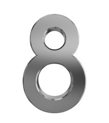Metal numbers eight isolated with clipping path on white background, 3d rendering