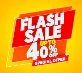 Flash sale up to 40 % off special offer banner, 3d rendering.