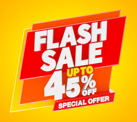 Flash sale up to 45 % off special offer banner, 3d rendering.