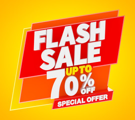 Flash sale up to 70 % off special offer banner, 3d rendering.