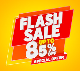 Flash sale up to 85 % off special offer banner, 3d rendering.