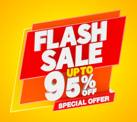 Flash sale up to 95 % off special offer banner, 3d rendering.