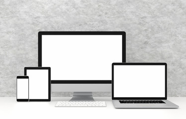 Computer, laptop, tablet, smartphone, with blank screen on white table and cement background, 3d rendering
