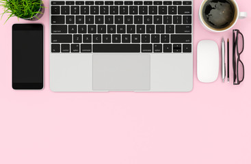 Laptop, smartphone and coffee cup copy space on pink table background, 3d rendering