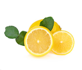 Lemon with lemon slice and leaves isolated on a white background.