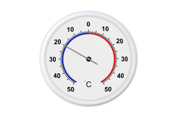Celsius scale thermometer for measuring weather temperature.  Thermometer isolated on white background. Ambient temperature degrees