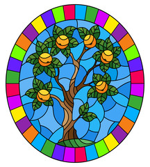 Illustration in stained glass style with an orange tree standing alone on a hill against the sky