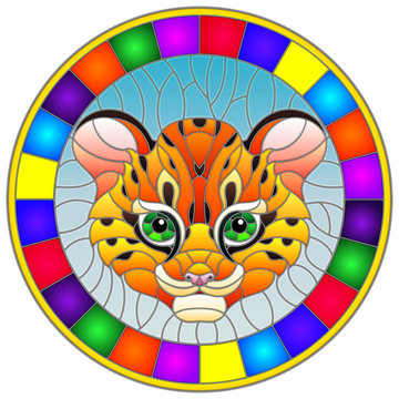Illustration in stained glass style with baby leopard head on blue background , round picture in bright frame