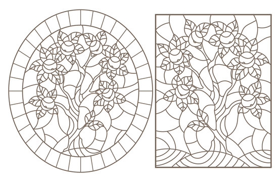 Set contour illustrations of stained glass with the image of the trees, dark outlines on white background