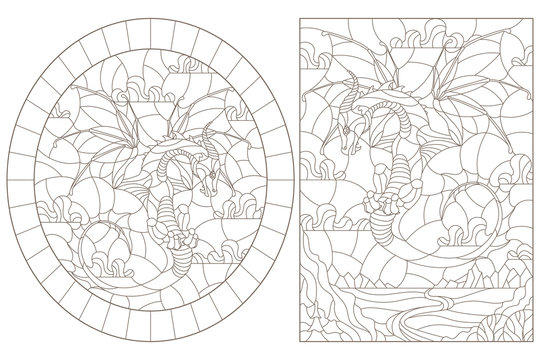 Set of contour illustrations in stained glass style with flying dragons on the background of landscapes and sky, dark contours on a white background