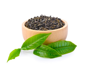 heap of dried green tea leaf on white background