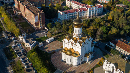 Road clinical hospital in Khabarovsk top view. The Church of the Holy Martyr Grand Duchess Elizabeth in Khabarovsk in the summer on the territory of the railway hospital