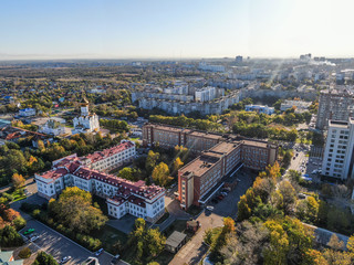 Road clinical hospital in Khabarovsk top view. The Church of the Holy Martyr Grand Duchess Elizabeth in Khabarovsk in the summer on the territory of the railway hospital