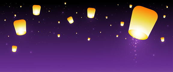 Sky lanterns floating in night sky. Vector illustration. Lanterns Festival. © Happy-Lucky