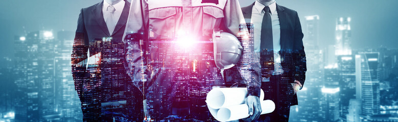 Future building construction engineering project concept with double exposure graphic design. Building engineer, architect people or construction worker working with modern civil equipment technology. - obrazy, fototapety, plakaty