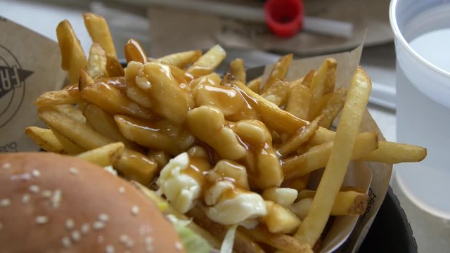 closeup of cheese curds and gravy fries