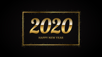 golden Happy new year 2020 in square label with burst glitter on black color background