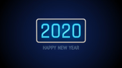 Happy new year 2020 text in light bulb board with bright neon on blue color background