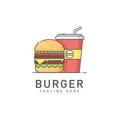 Burger and drink vector. Flat icon, logo or sticker for your design, website, menu, promotional items