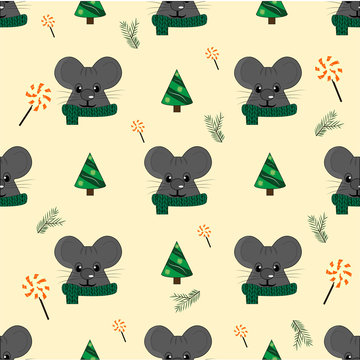 New Year 2020 seamless pattern. Gray mouse in a green knitted scarf, Background with a festive rat and a Christmas tree. with candies and sweets. Print gift wrapping, wrappers