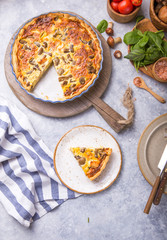 Homemade quiche lorraine with chiken, mushrooms, cheese. top view. Cooking. Spices, butter.  Tart.