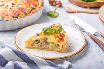 Homemade quiche lorraine with chiken, mushrooms, cheese. top view. Cooking. Spices, butter.  Tart.