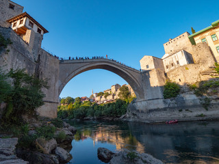 Stari Most (Mostar Bridge) rebuilt 16th-century Ottoman bridge in the city of Mostar, Bosnia and...