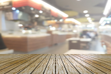 Top desk with blur restaurant background,wooden table