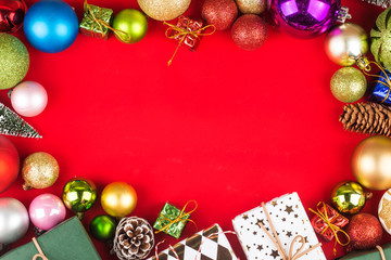 Christmas background with gift boxes,  Preparation for holidays. Top view with copy space.