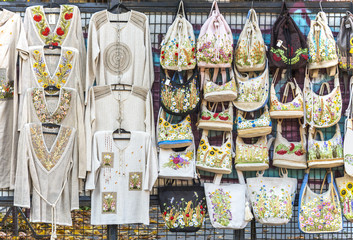 Kiev, Ukraine,  Andrew's Descent. Souvenir products. Bags and clothes in national style.