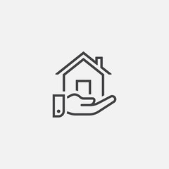 Fototapeta na wymiar House or home hand gift vector icon in linear style, Home and hand vector icon illustration sign, home gift simple icon, Small house Icon Vector, Simple flat house symbol. Home Illustration