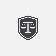 Law firm and shield Icon, simple Law Icon design with shield, shield Justice icon, Scales Of Justice design illustration